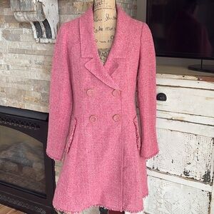 Cabi Madison Avenue pink tweed double breasted coat fringe and gold details